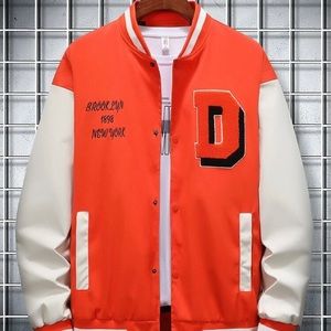 Men letter embroidery colorblock drop shoulder striped trim bomber jacket